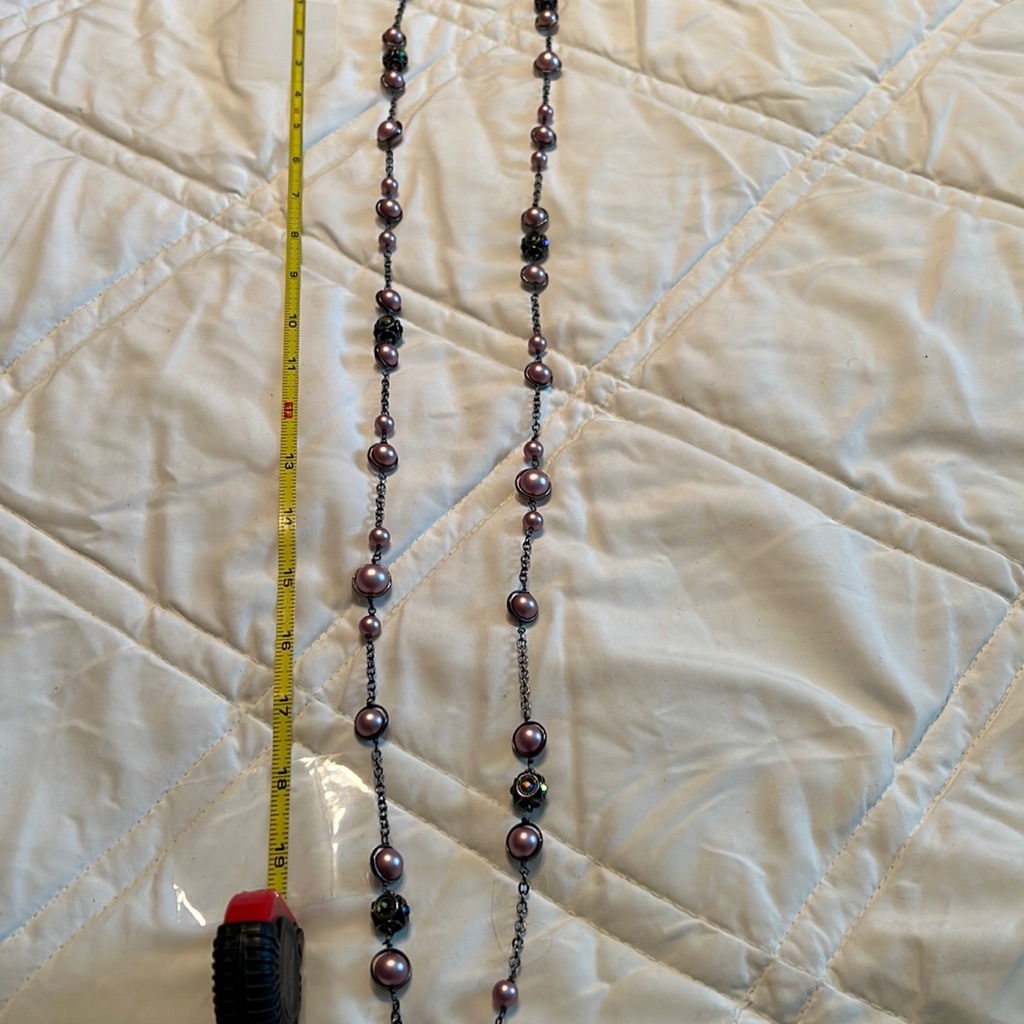X Long Pink Beaded Necklace With Dark Iridescent, Stone Decor